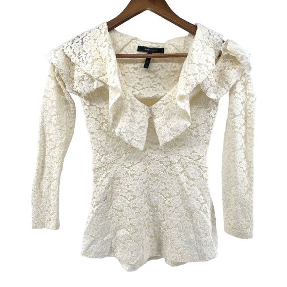 BCBG Long Sleeve Cold Shoulder Lace Ivory Astril Top Women’s Size X Small - Picture 1 of 5